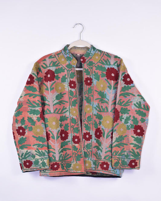 Txtile Billie Quilted Reversible Patchwork Kantha Jacket - Size Medium - Terracotta, Red, Green Embroidery