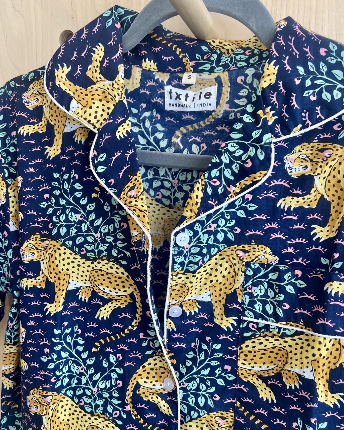 Txtile Button Up Shirt - Pajama Style - Fierce Leopard Print on Navy Background - SALE