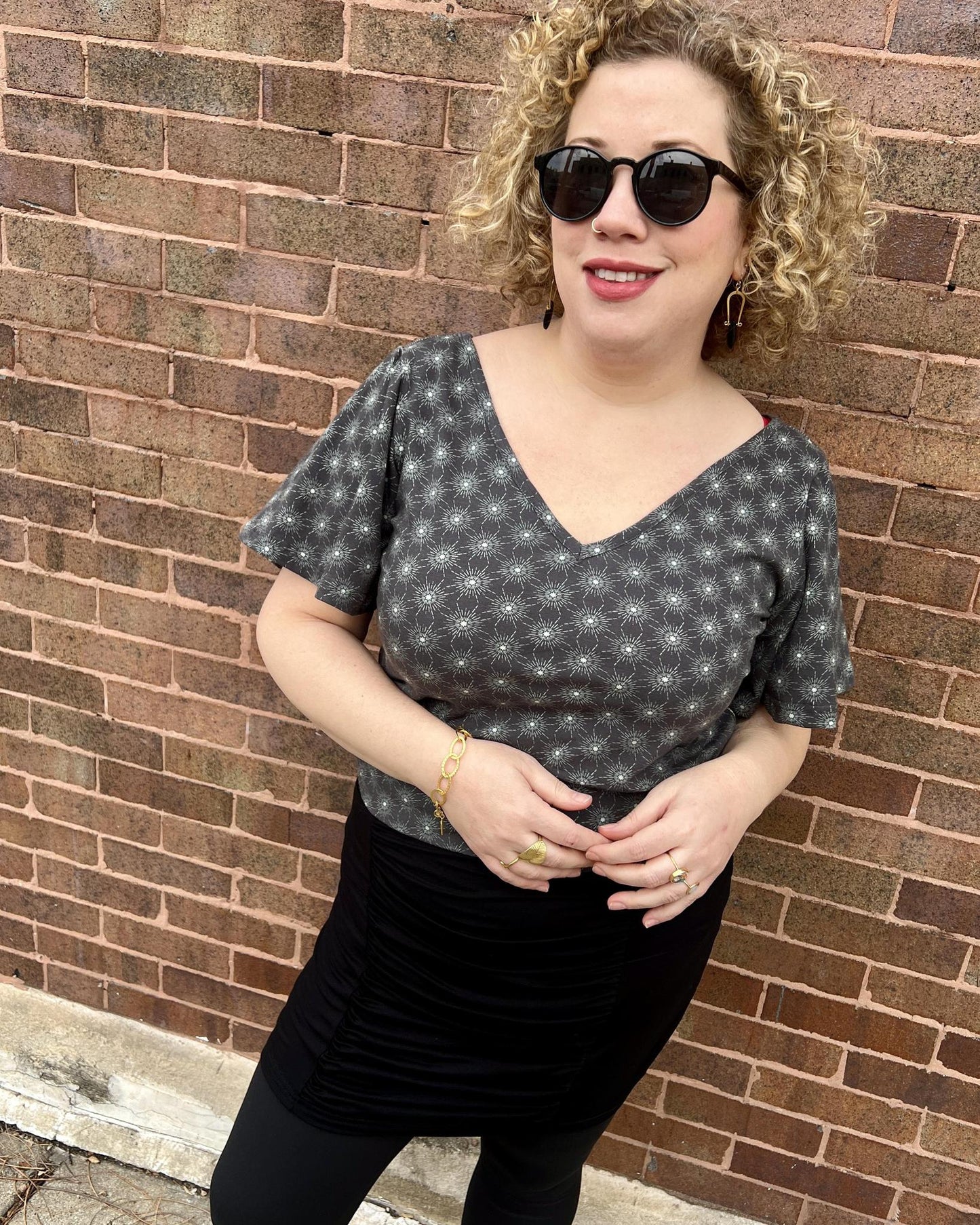 Squasht Bell Sleeve Ballet Top in Gray Starburst Print