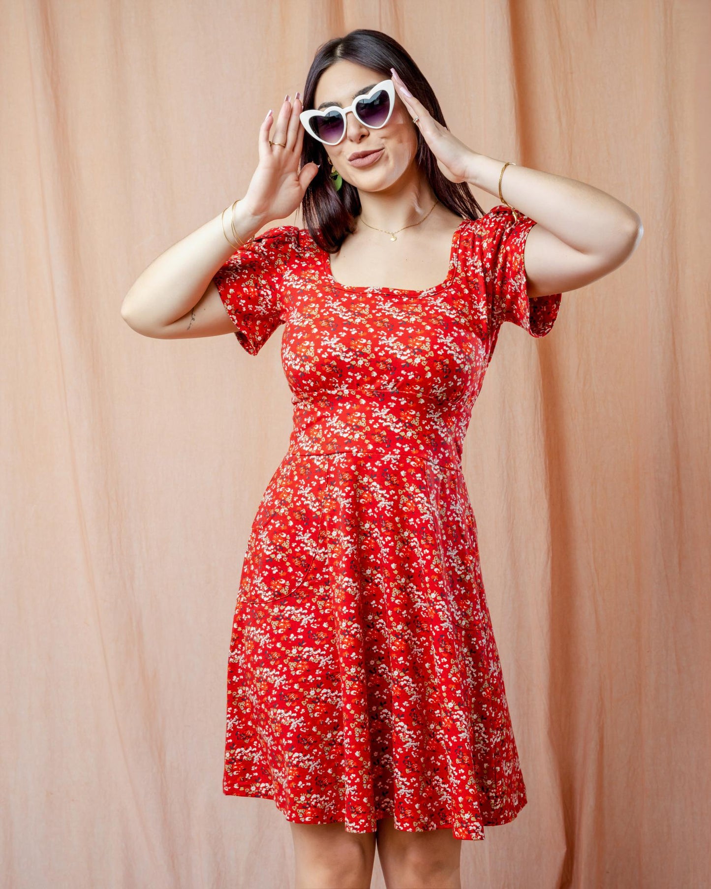 Squasht Petal Sleeve Dress in Scarlet Red Ditsy Floral Print