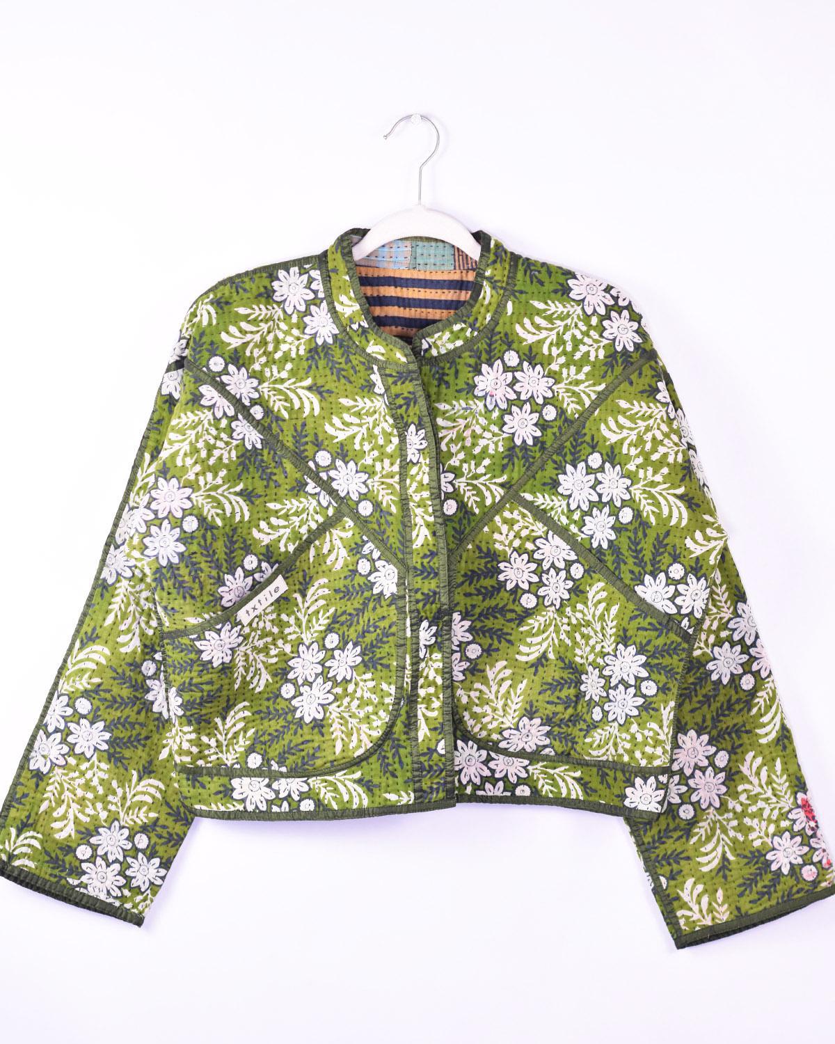 Txtile Sofie Leaf Green Quilted Reversible Patchwork Kantha Jacket