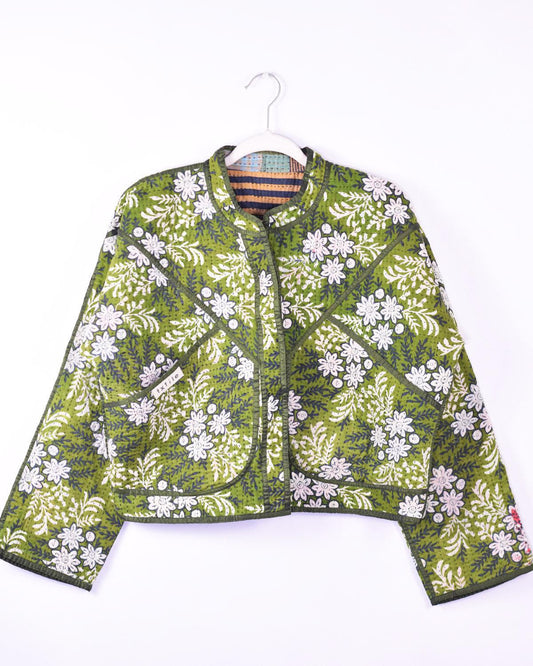 Txtile Sofie Leaf Green Quilted Reversible Patchwork Kantha Jacket