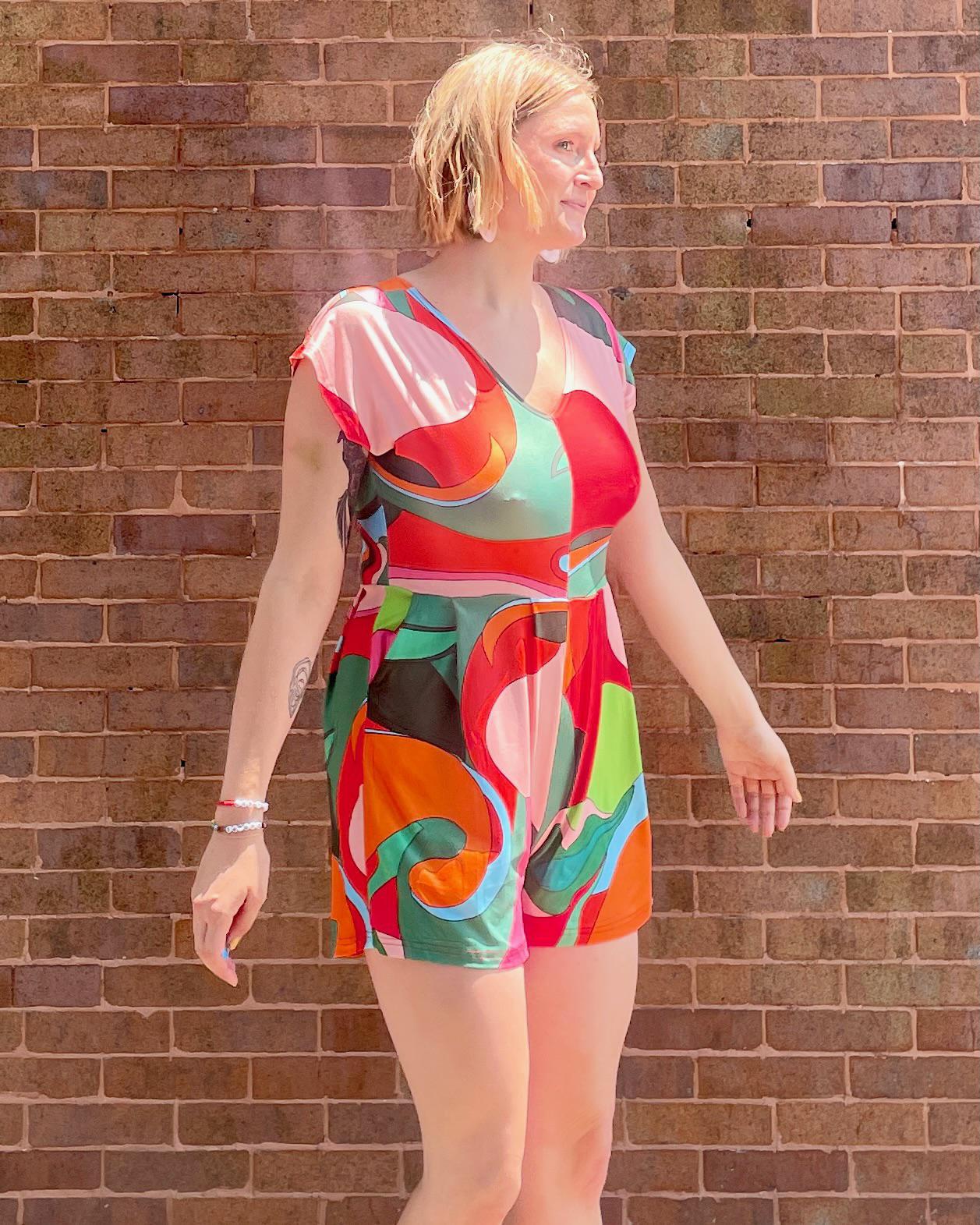 Fayru Penny Romper - Orange and Green Abstract Print - SALE