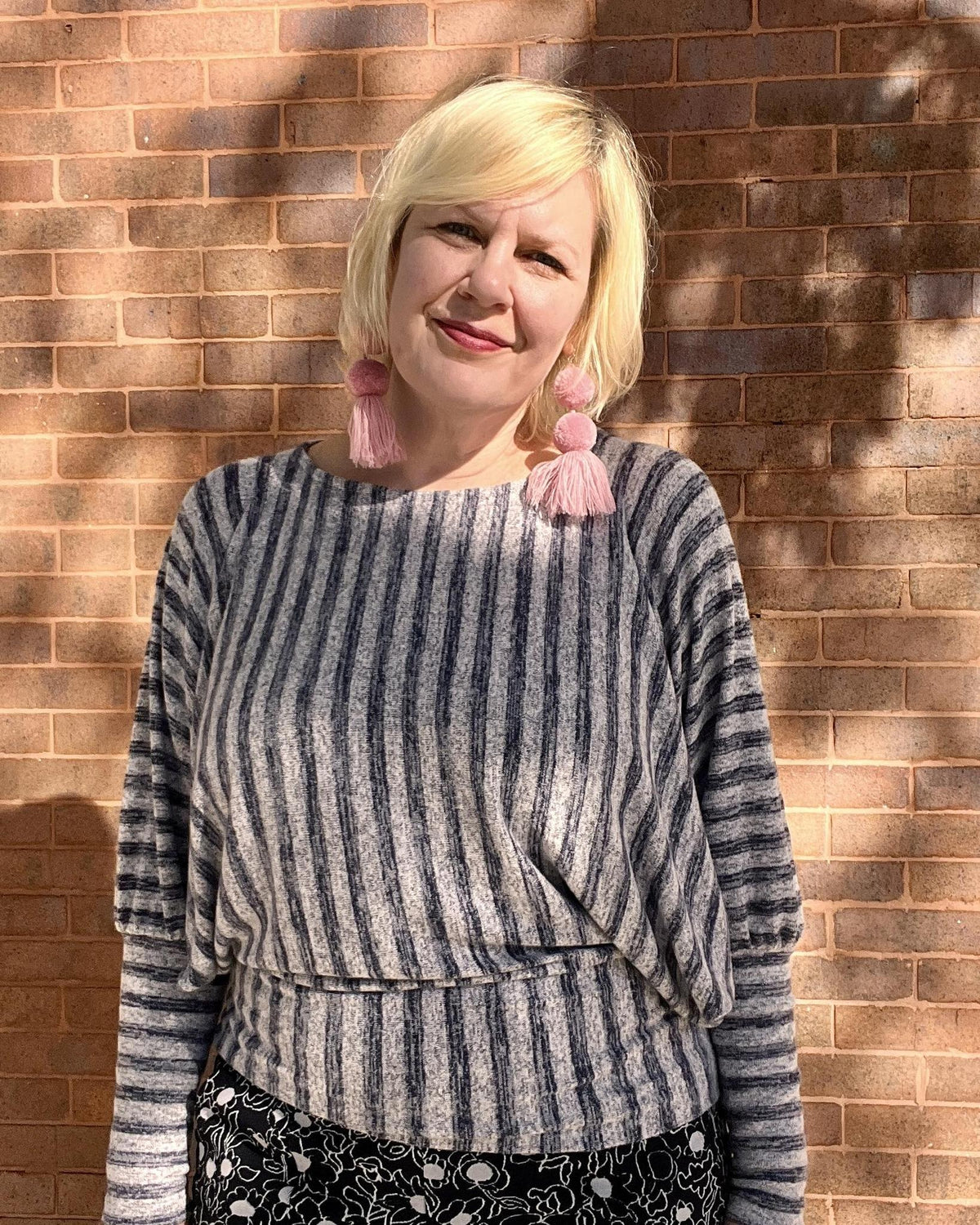 Squasht Batwing Sweater in Lightweight Light Gray and Blue Stripes