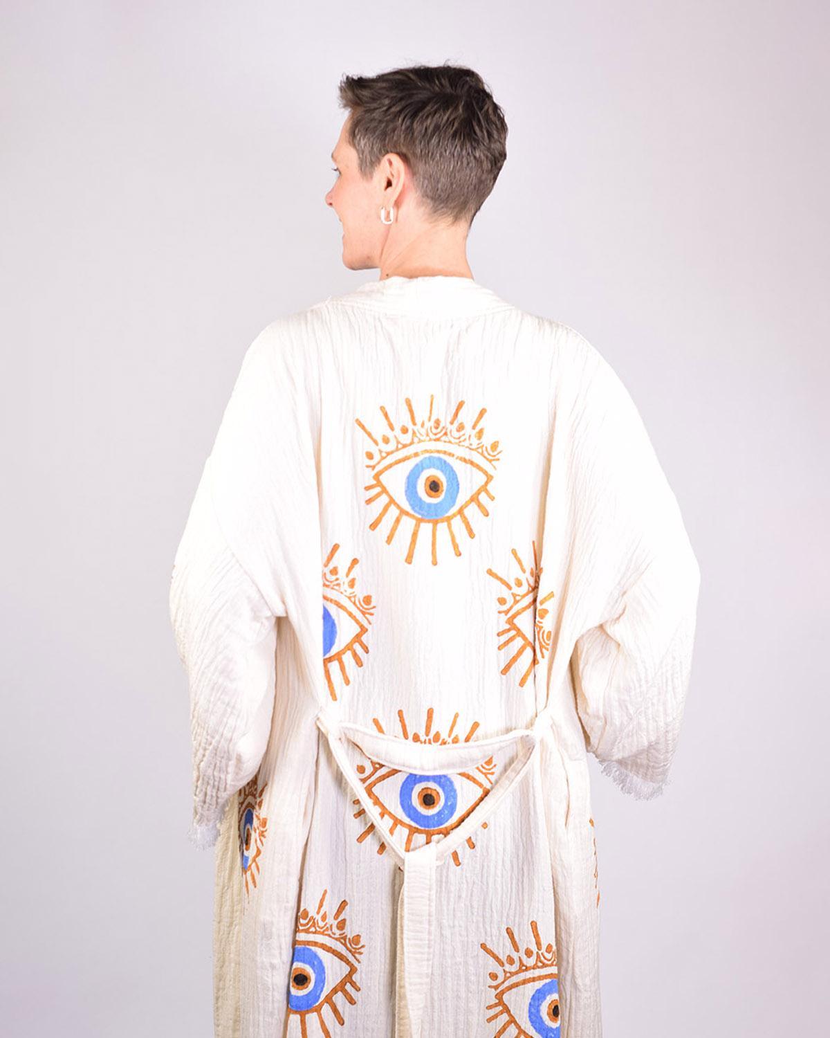 Txtile Luxury Turkish Cotton Evil Eye Kimono/Robe - Cream with Gold Eyes