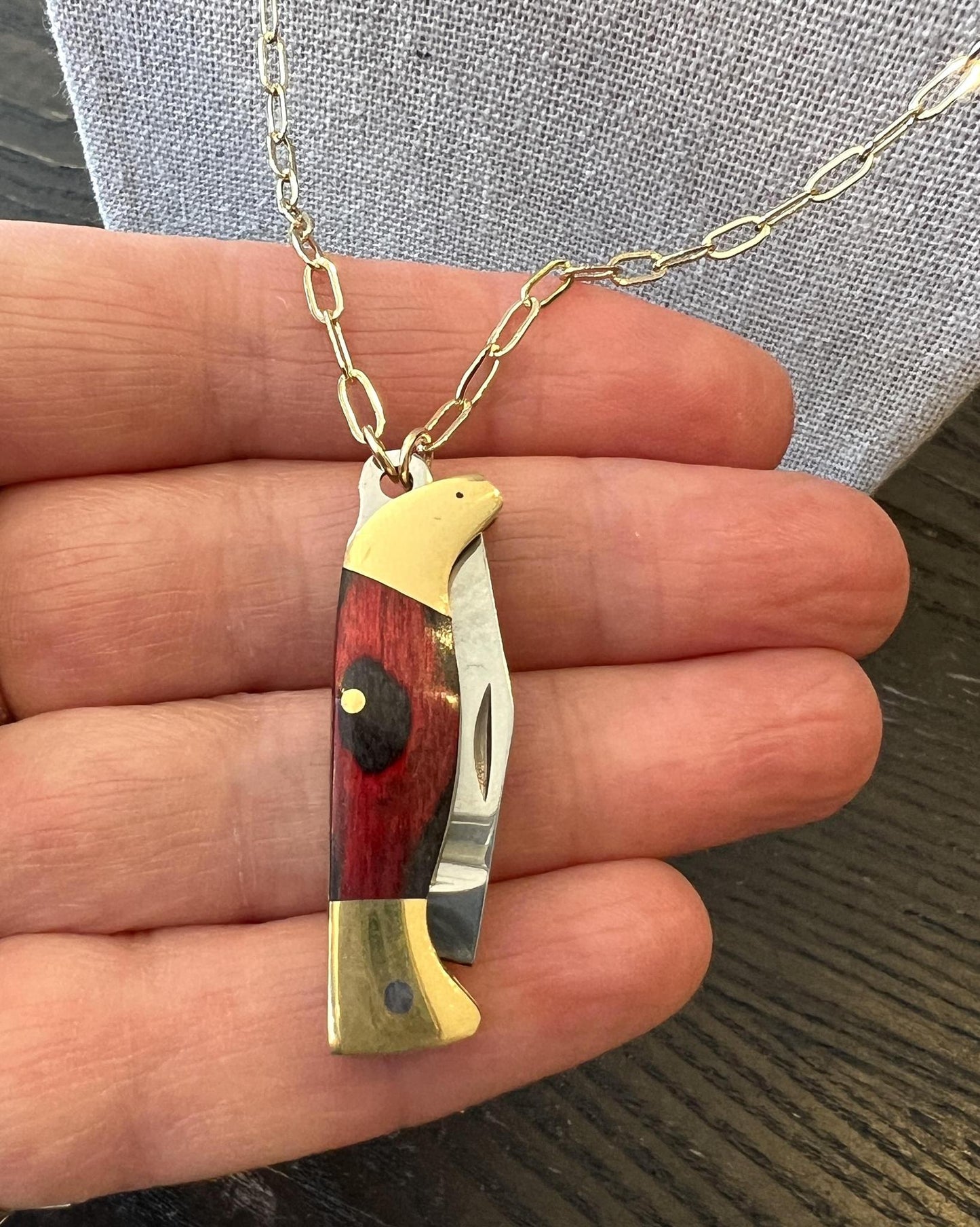 1979 Jewelry Knife Necklace 1.5-inch Wood - 14 kt GF Chain