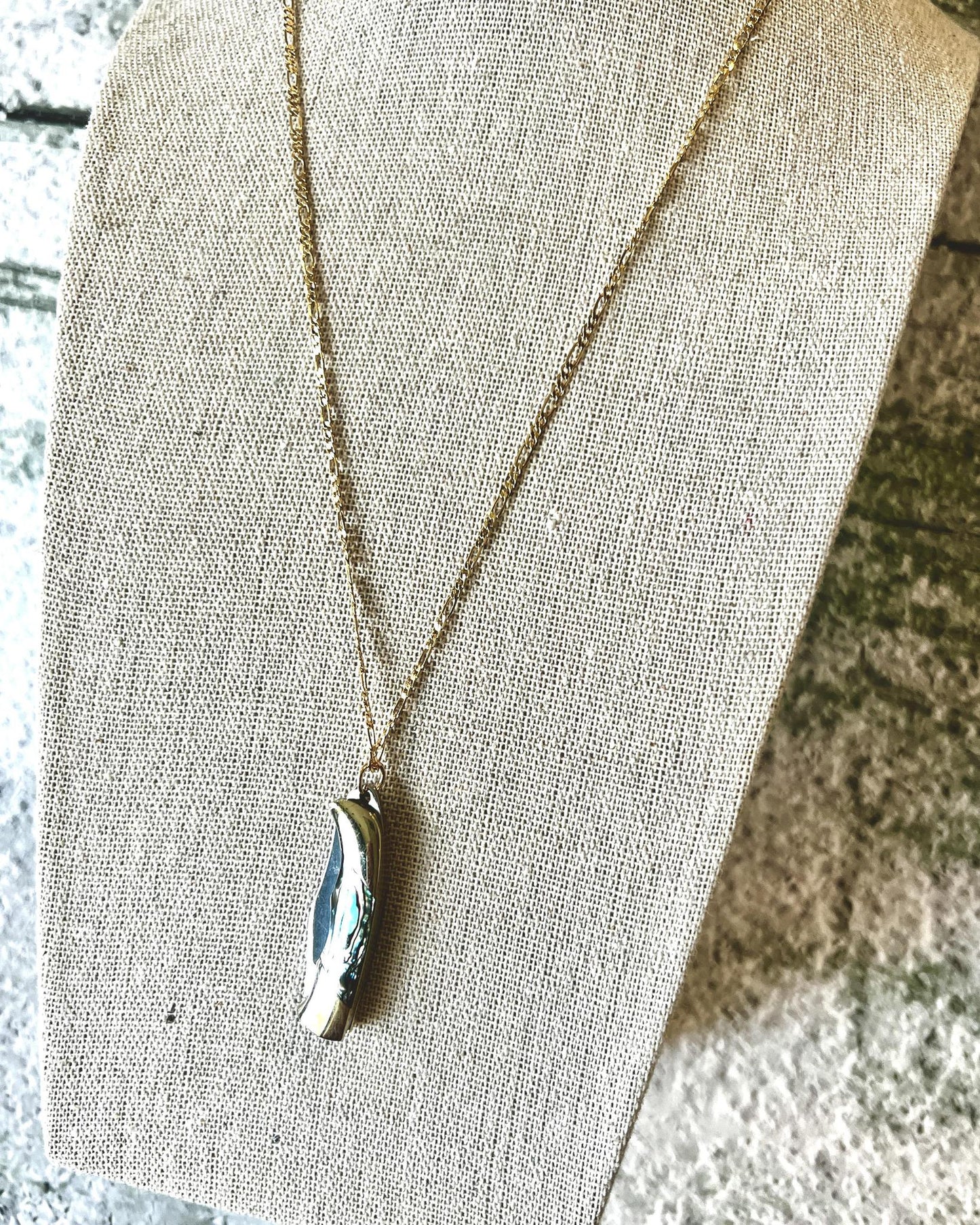 1979 Jewelry Knife Necklace 1.5 inch Multi Colored Abalone - 14kt GF chain