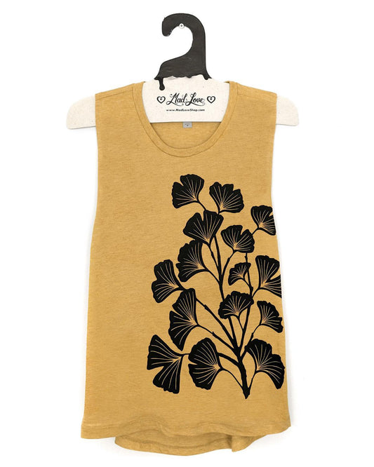 Mad Love Mustard Muscle Tank with Gingko Leaves