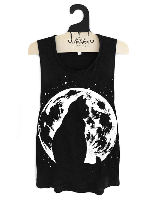 Mad Love Black Muscle Tank with Cat Moon