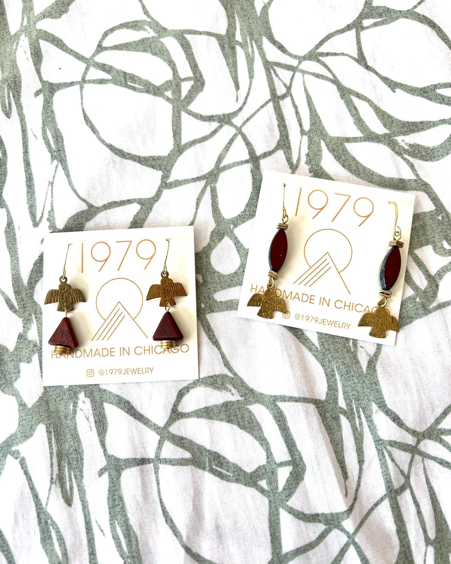 1979 Jewelry Brass Earrings Thunderbirds and Rust Triangles