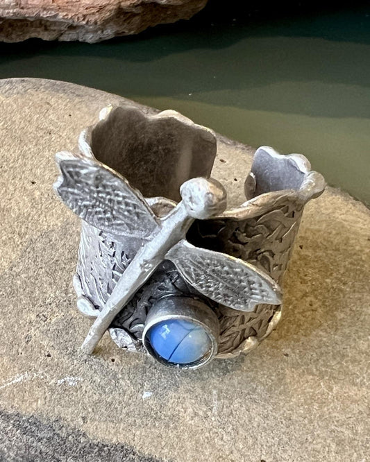 Pajaro Negro Opal and Dragonfly Antiqued Silver Ring