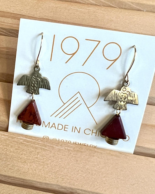 1979 Jewelry Brass Earrings Thunderbirds and Rust Triangles