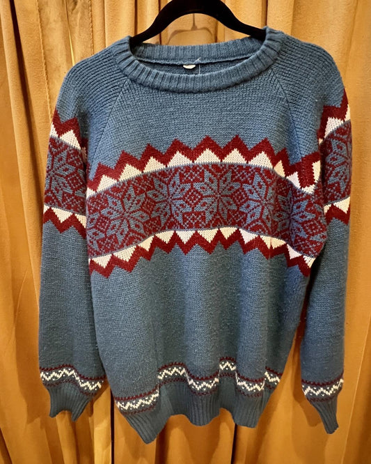 American Recycled Clothing - Full Length Knit Sweater - Fair Isle Style in Blue & Red - SALE