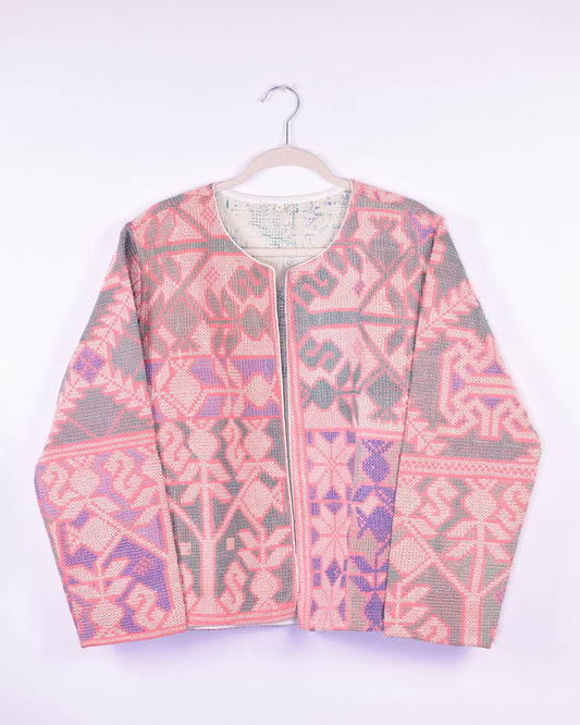 Txtile Billie Quilted Reversible Patchwork Kantha Jacket - Size Large - Allover Intricate Crosshatch Embroidery in Pink & Green