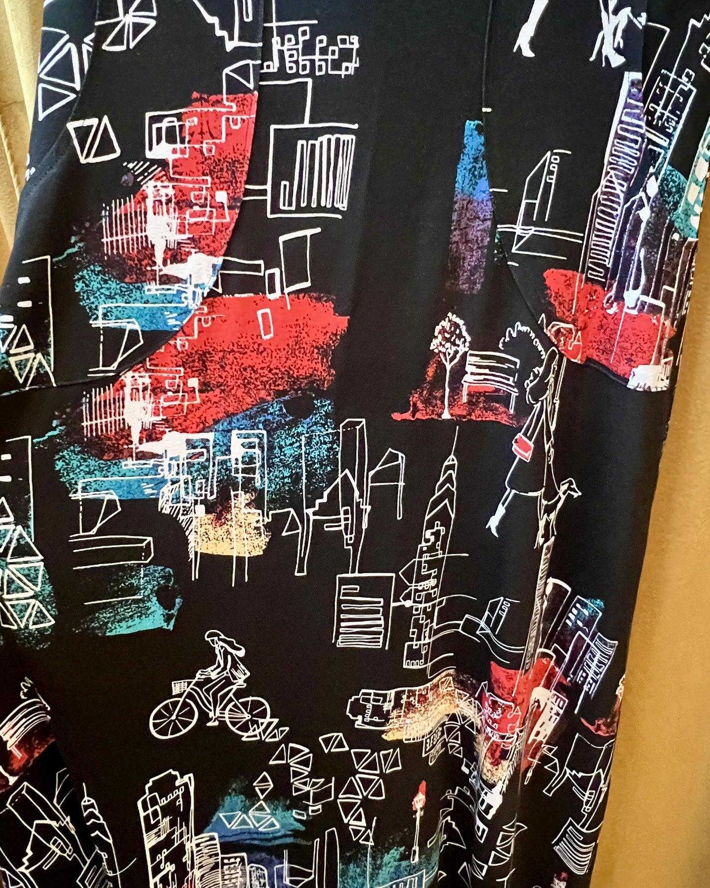 Squasht Maxi Dress Black with City Girl, Bike, and Dog Print - Size Small, Medium