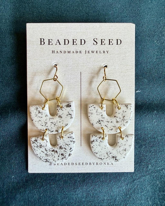 Beaded Seed by Ronea Dangle Earrings in Speckled White