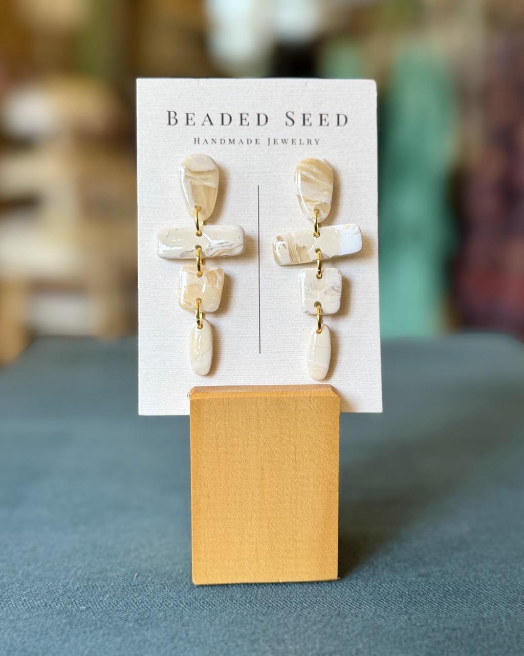 Beaded Seed by Ronea Marbled White Dangle Stud Earrings