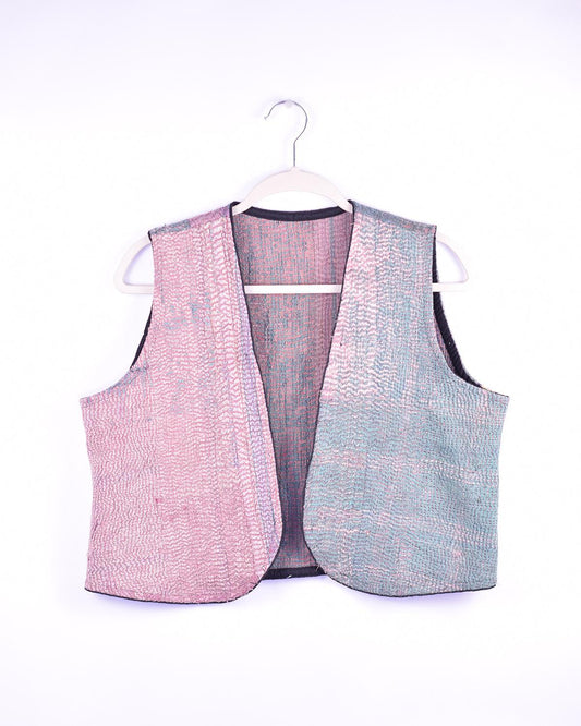 Txtile Maddie Quilted Reversible Patchwork Kantha Quilt Vest in Dusty Rose