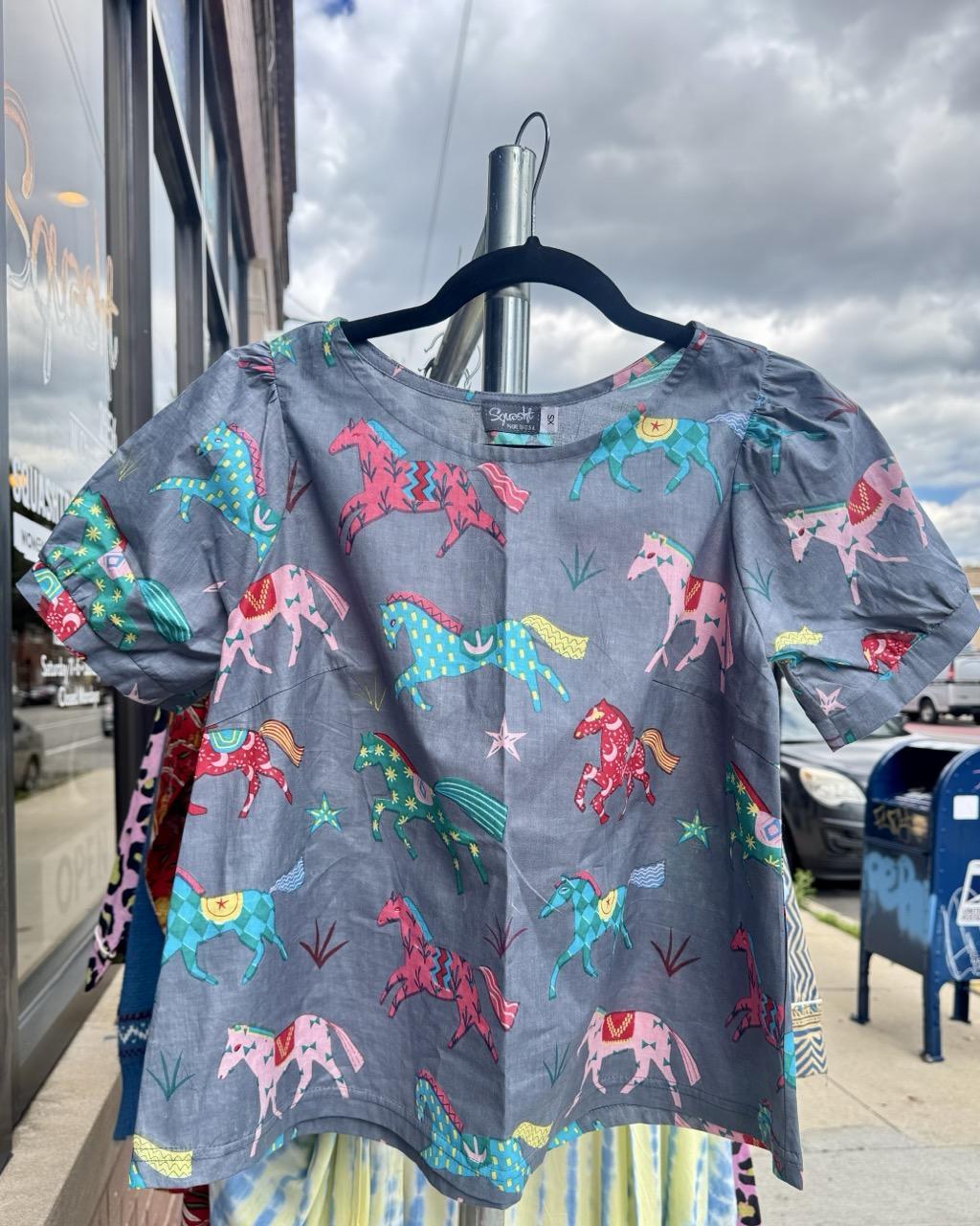 Squasht Puff Sleeve Top in Gray Horses