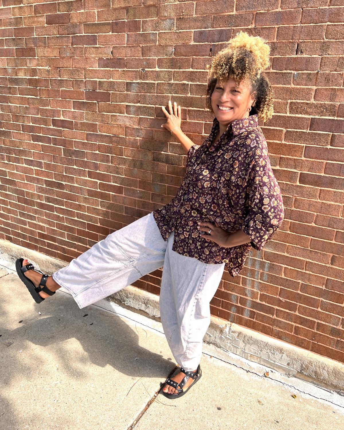 Indie Ella Moorea Silk Button Down Shirt in Deep Plum with Floral Motif