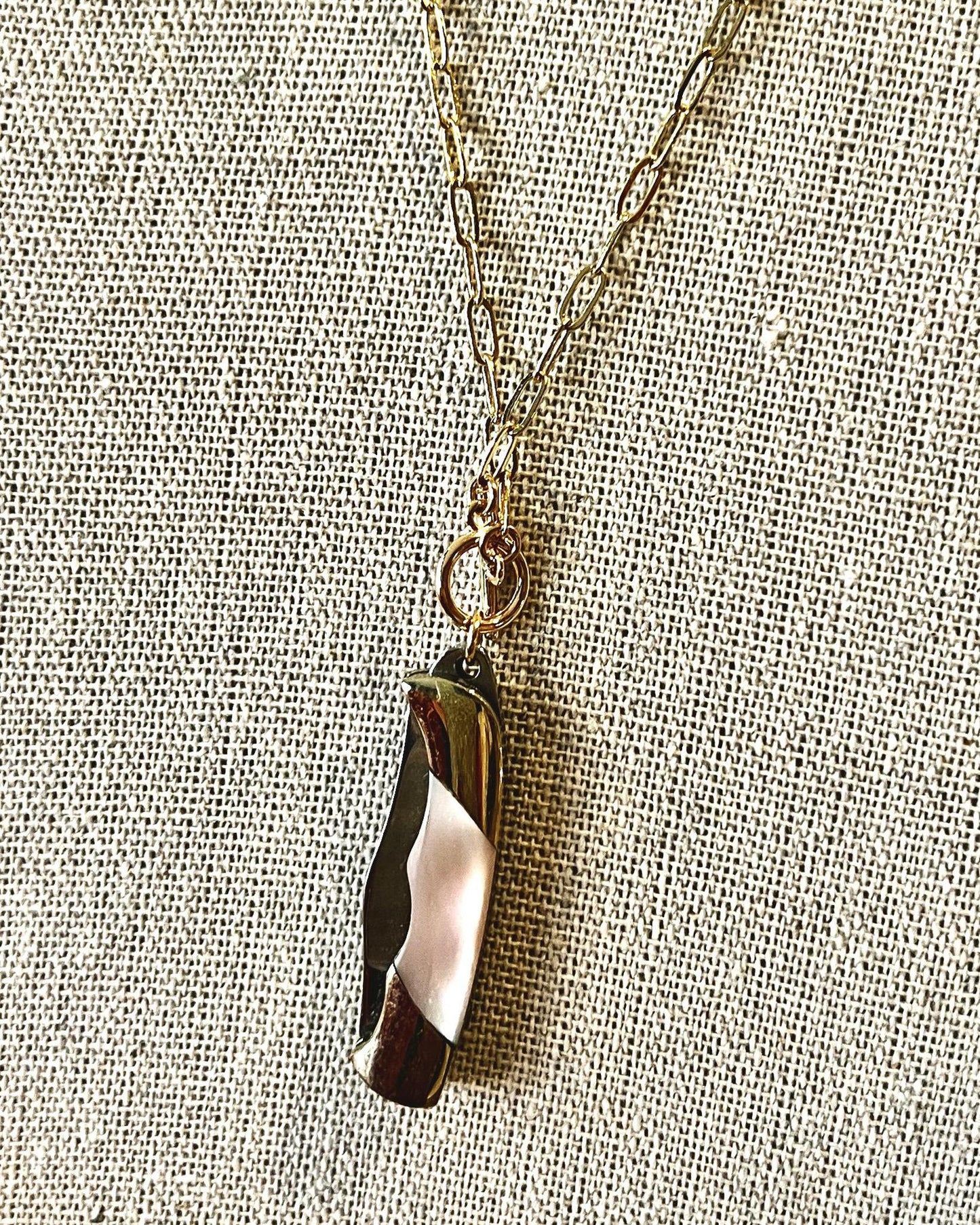 1979 Jewelry Knife Necklace 1.5 inch Mother of Pearl - 14 kt GF chain