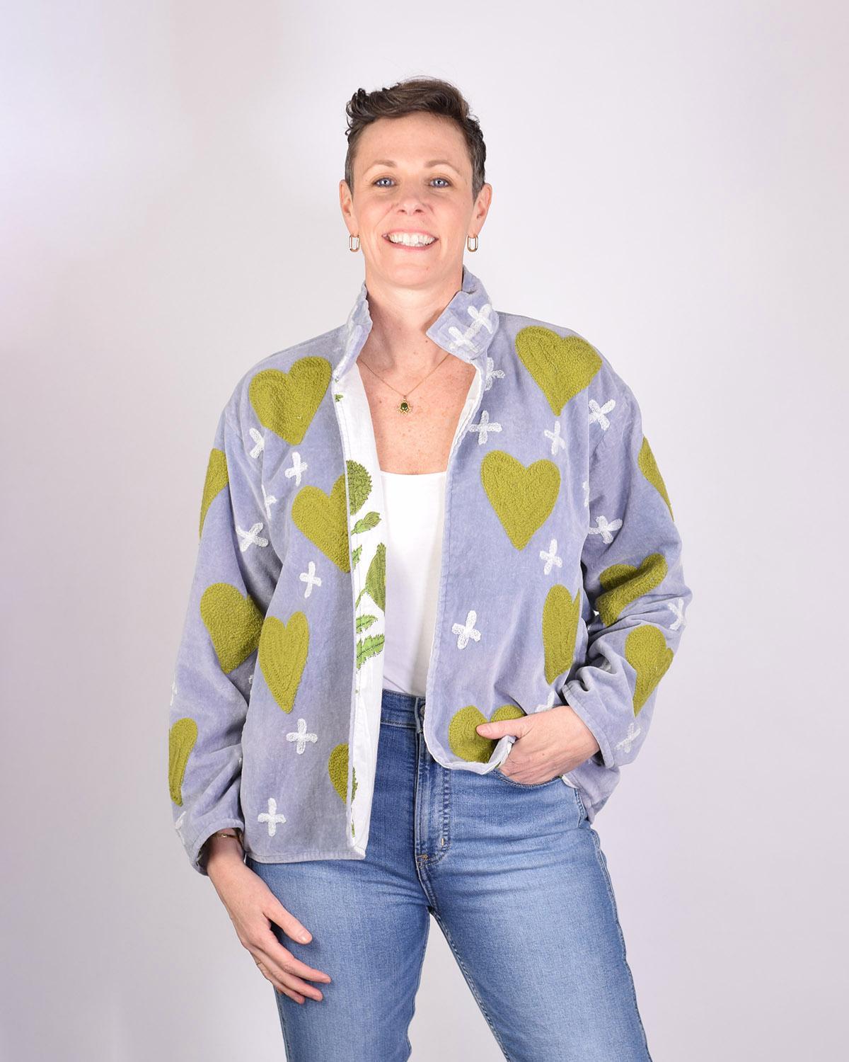 Txtile Light Gray Velvet Jacket with Embroidered Moss Green Hearts