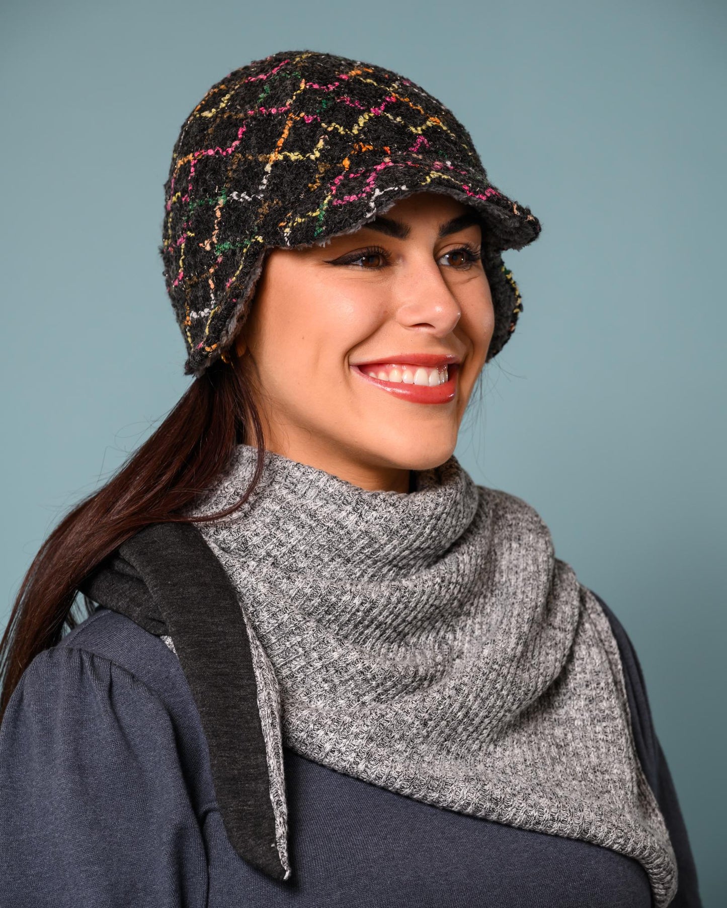 Squasht Darby Earflap Hat in Black Boucle with Squiggly Pattern