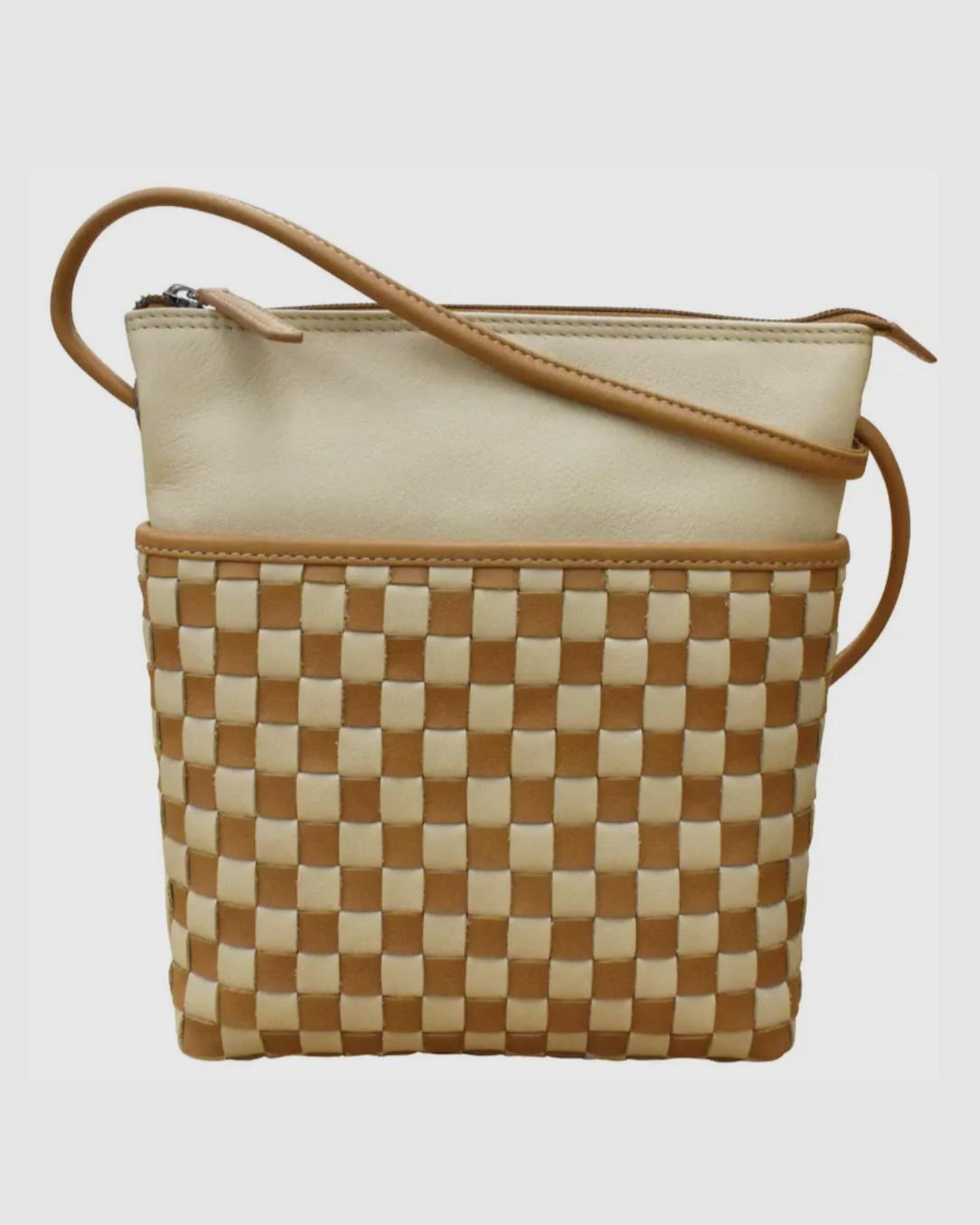 ili Mini Checkerboard Crossbody Purse in Cream and Camel