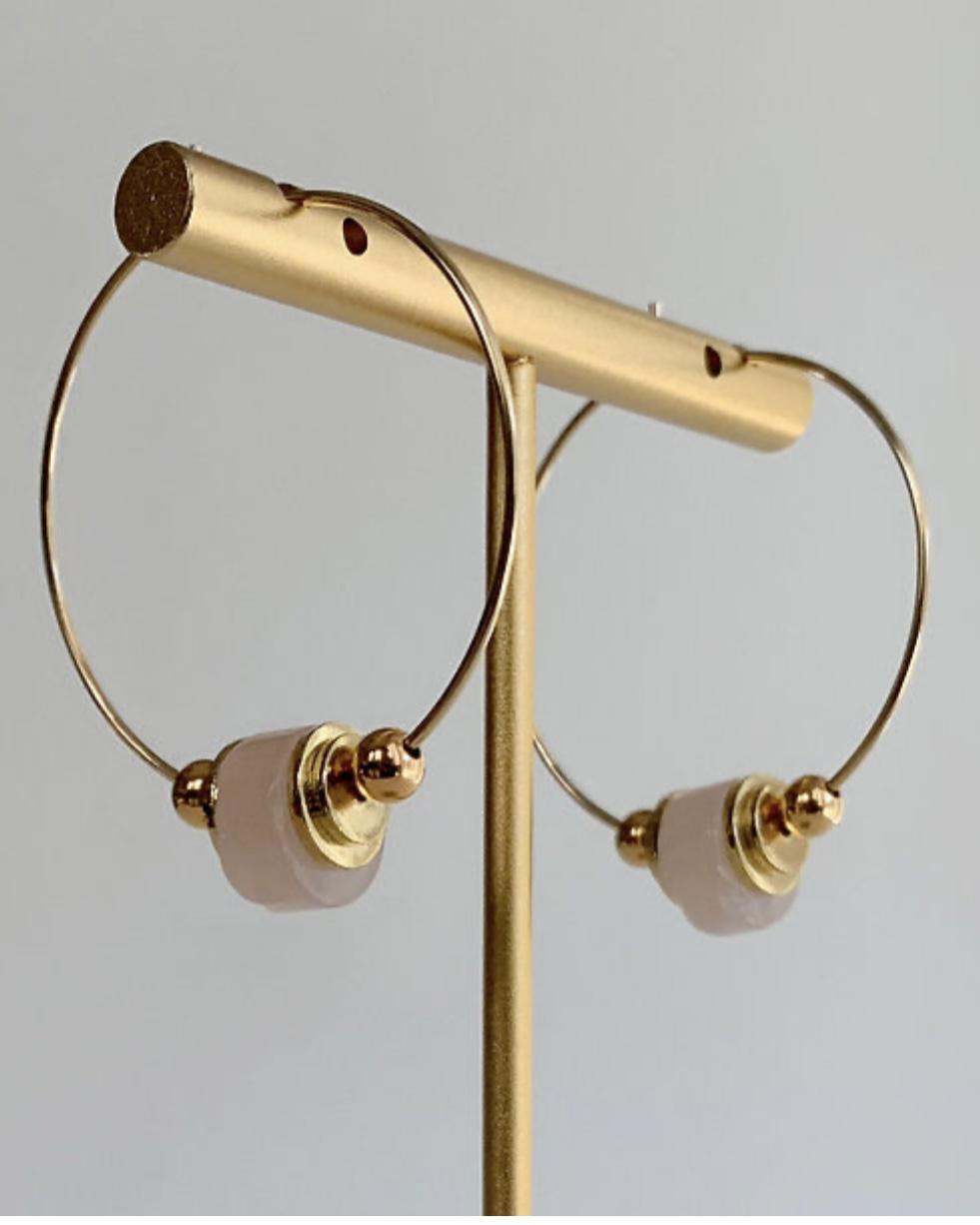 caliLOVESchi 14k Gold Hoops - Rose Quartz