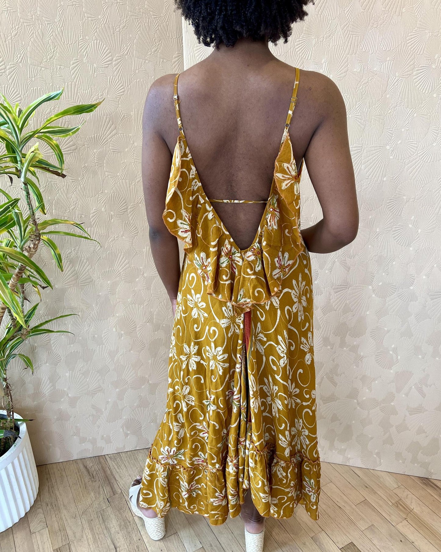 Indie Ella Harlow Strappy Silk Dress in Warm Ochre Floral