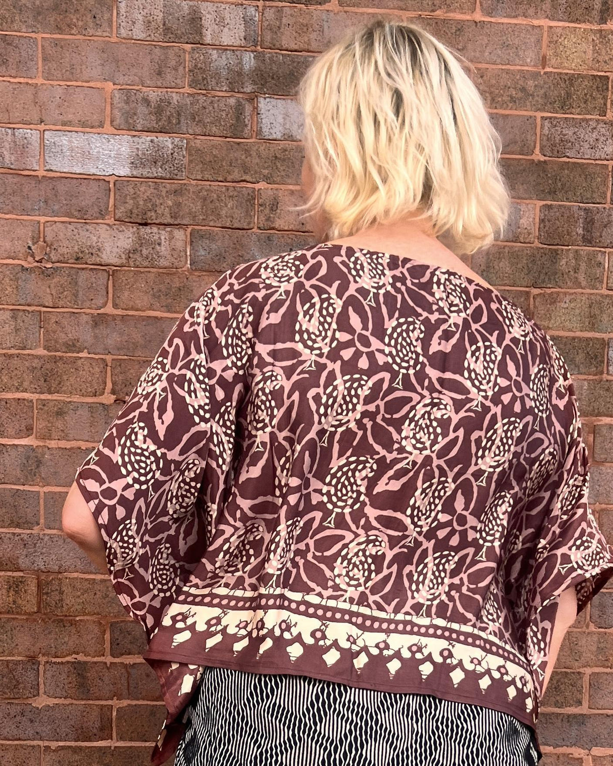 Indie Ella Tessa Flowy Silk Top in Plum and Cream Batik Print