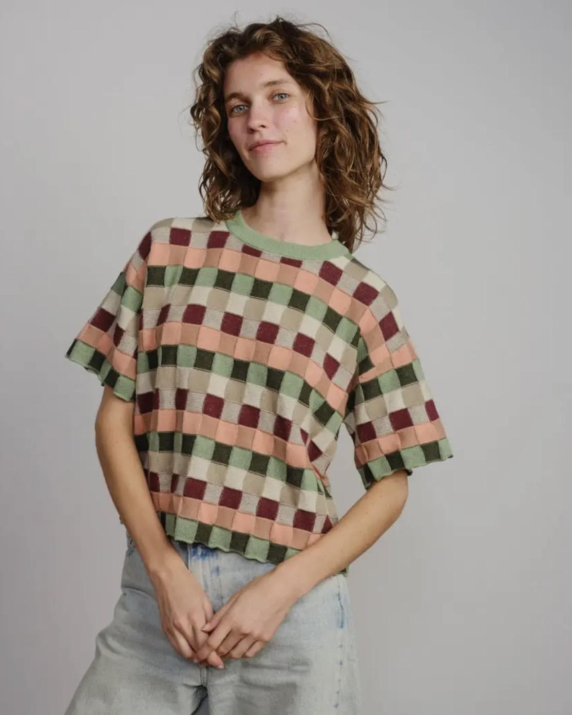 The Endery Sonia Short Sleeve Sweater Tee in Zephyr (Sage/Peach/Cream)
