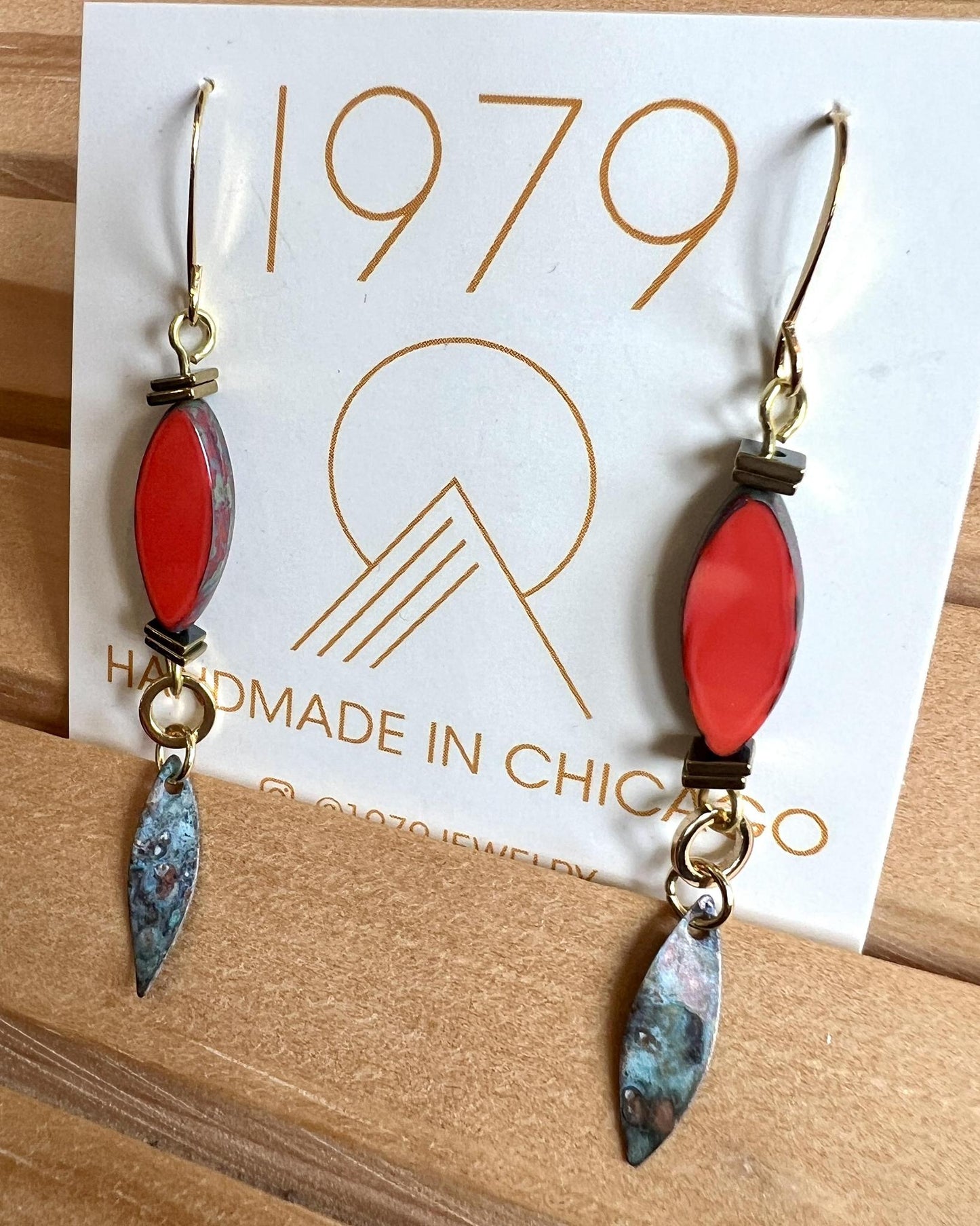 1979 Jewelry Brass Earrings Hot Red Ovals with Verdigris Dangles
