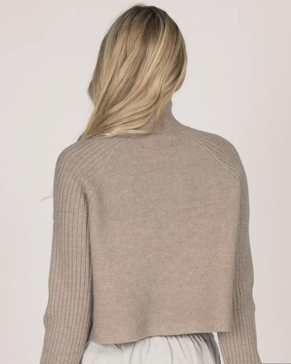 M Rena Ribbed Ragland Cropped Turtleneck Sweater in Camel