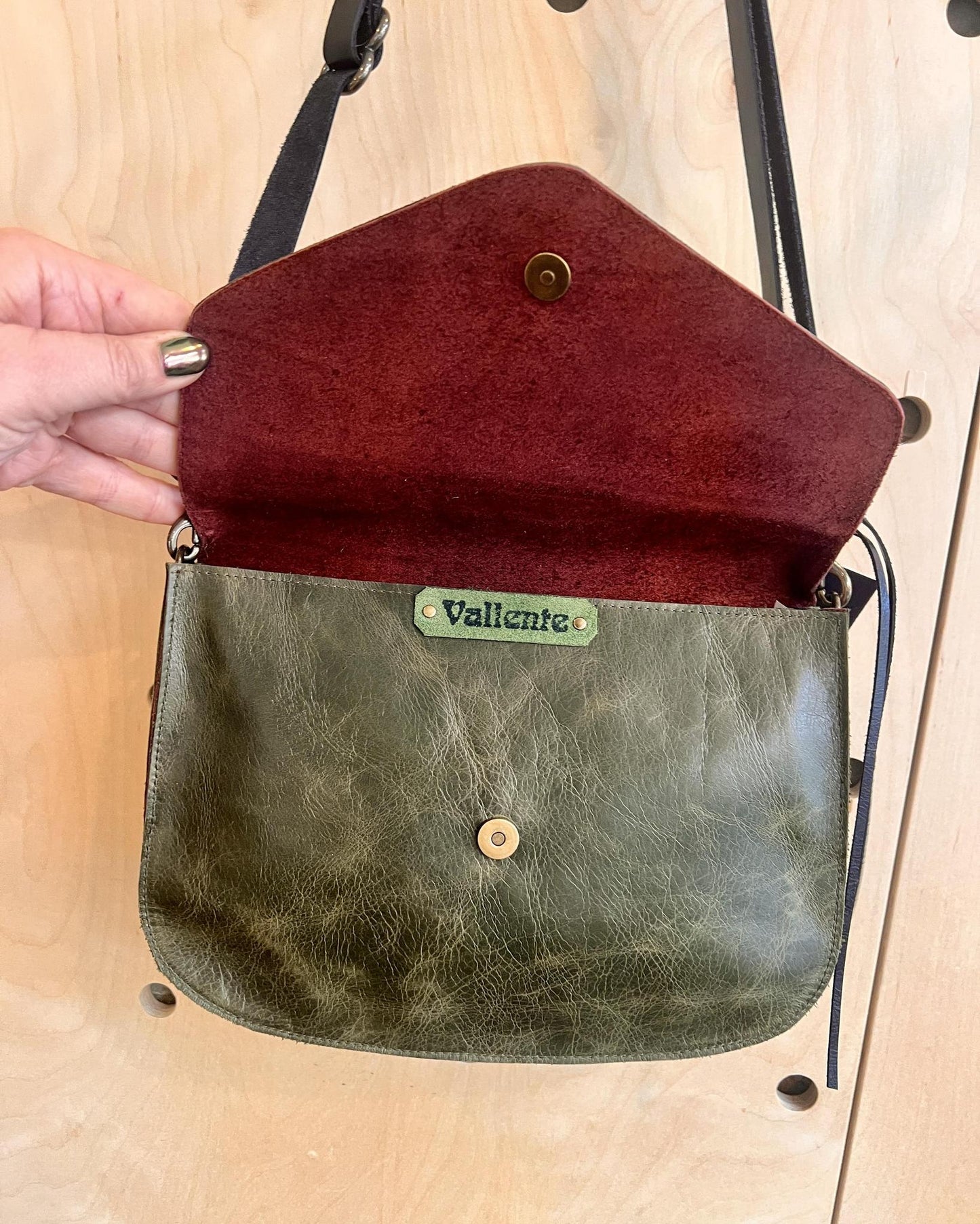 Vallente Leather Chevron Handbag - Oive Green Leather with Teal and Rust Chevrons