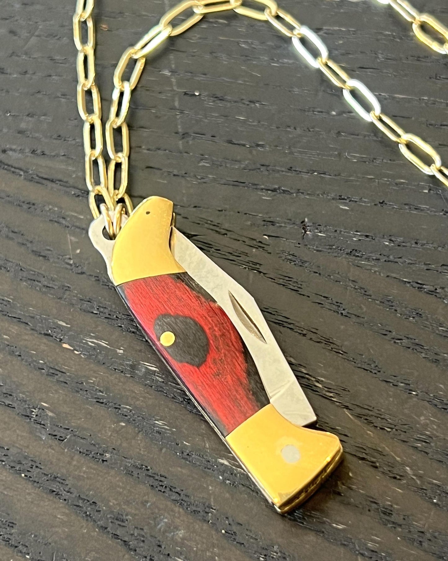1979 Jewelry Knife Necklace 1.5-inch Wood - 14 kt GF Chain