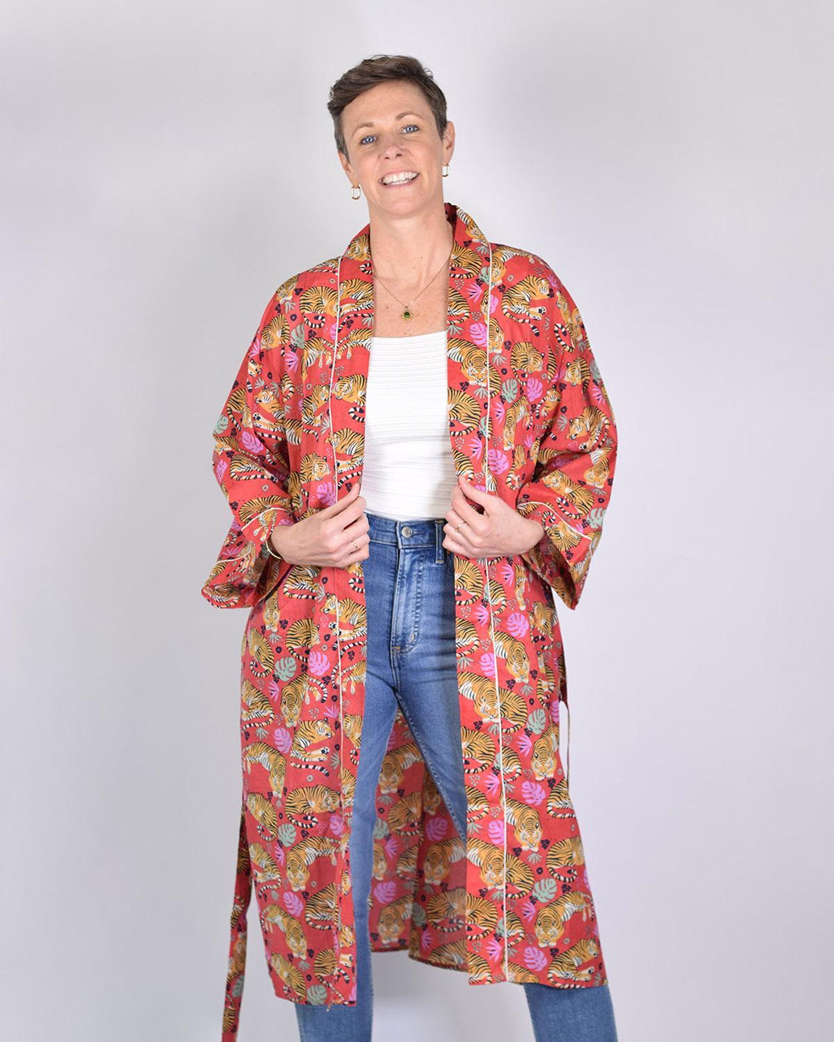 Txtile Lightweight Cotton Robe - Sleeping Tigers in Red