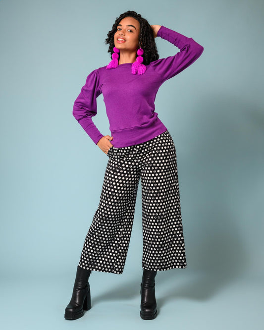 Squasht Wide Leg Pants (Cropped) in Black & White Distressed Polka Dots