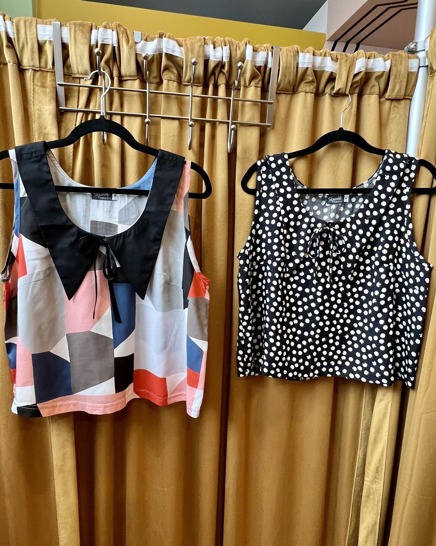 Squasht 70s Collared Tank in Abstract Art Print w/ Black Collar & Bow