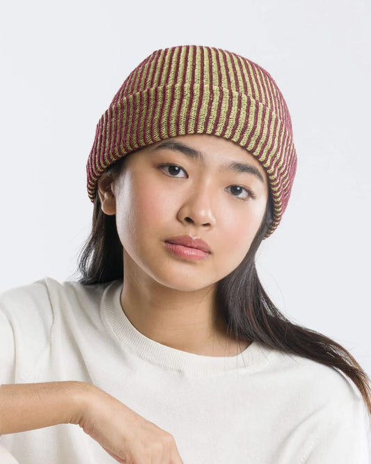 Verloop Simple Rib Knit Beanie Hat in Lime & Wine