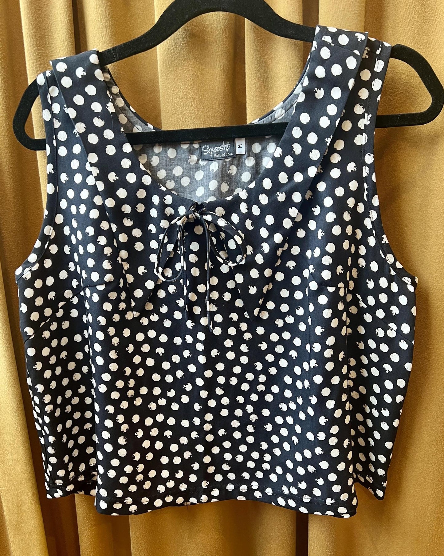 Squasht 70s Collared Tank in Black Polka Dots w/ Polka Dot Collar & Bow