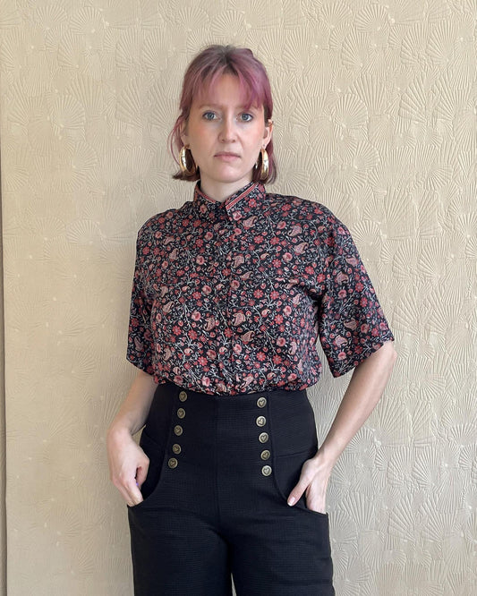 Indie Ella Nolan Button Down in Black and Pink Paisley