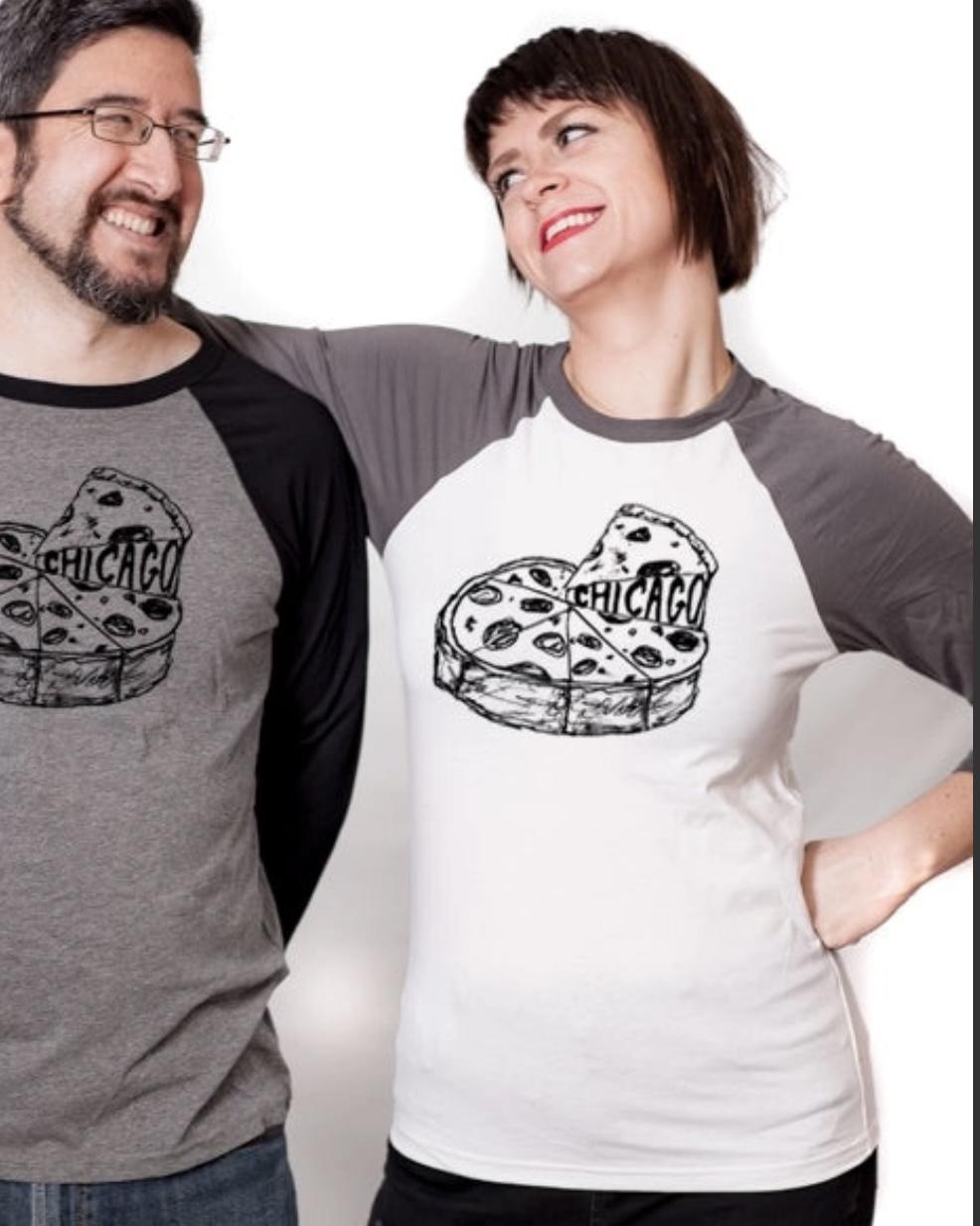 Megan Lee Chicago Pizza Baseball Tee White with Charcoal Sleeves