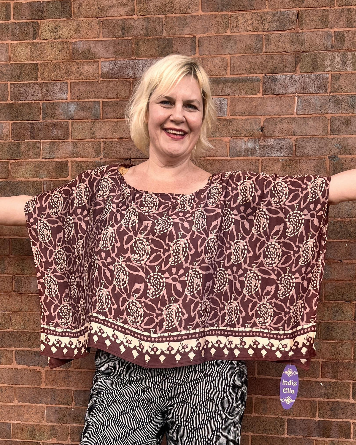 Indie Ella Tessa Flowy Silk Top in Plum and Cream Batik Print