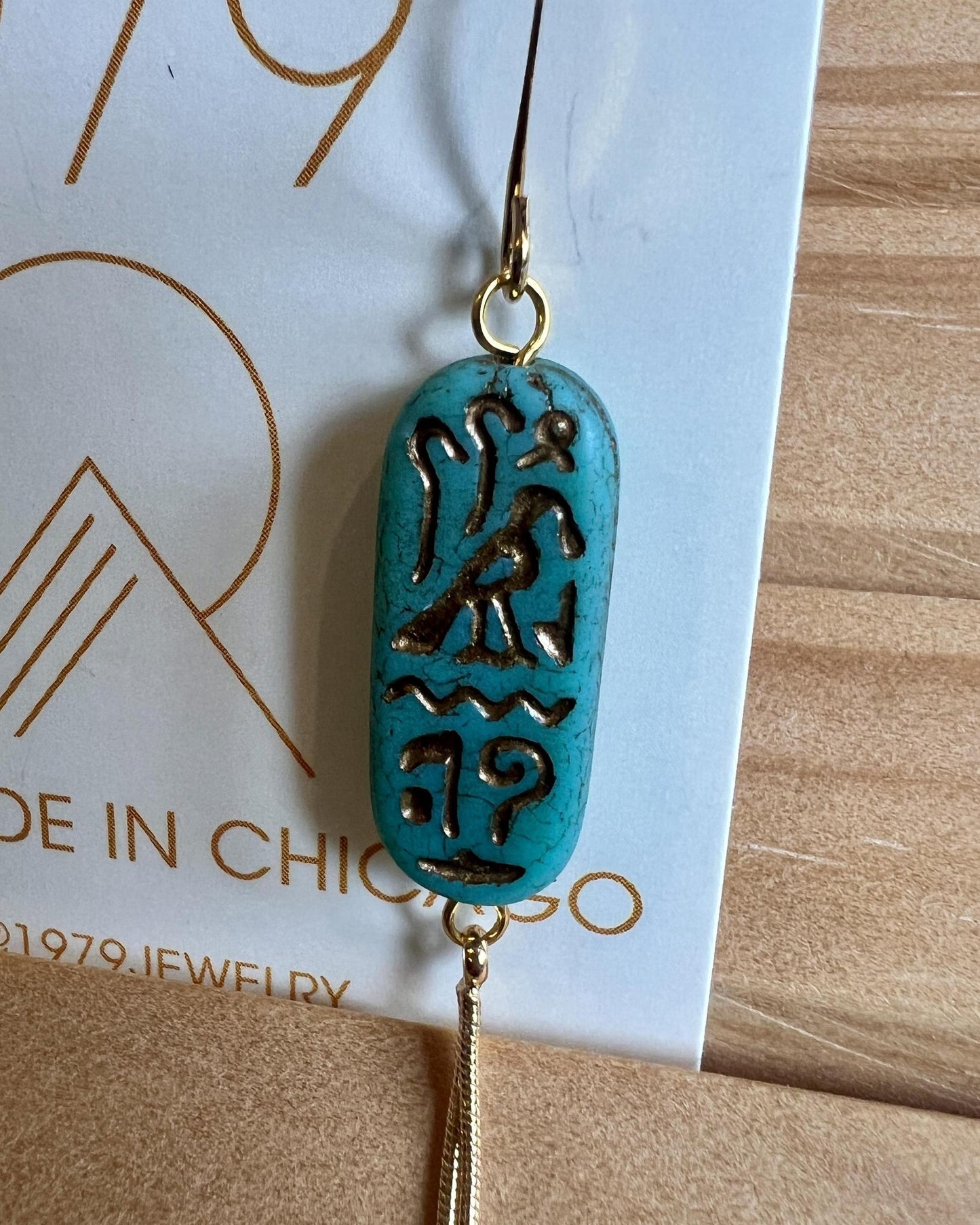 1979 Jewelry Brass Earrings Turquoise Hieroglyphics with Brass Chains