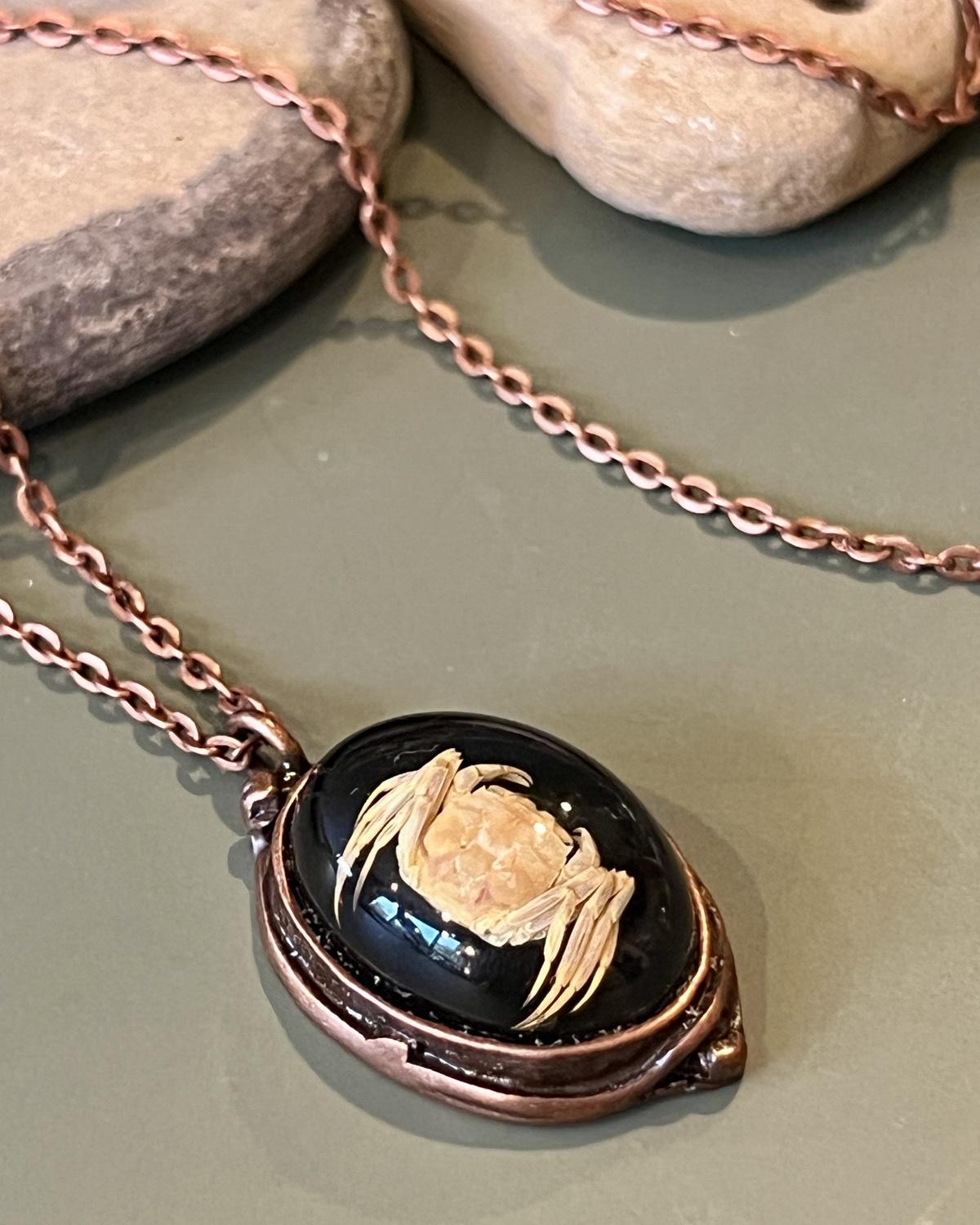 Pajaro Negro Little Crab on Black Background Oval Pendant Necklace