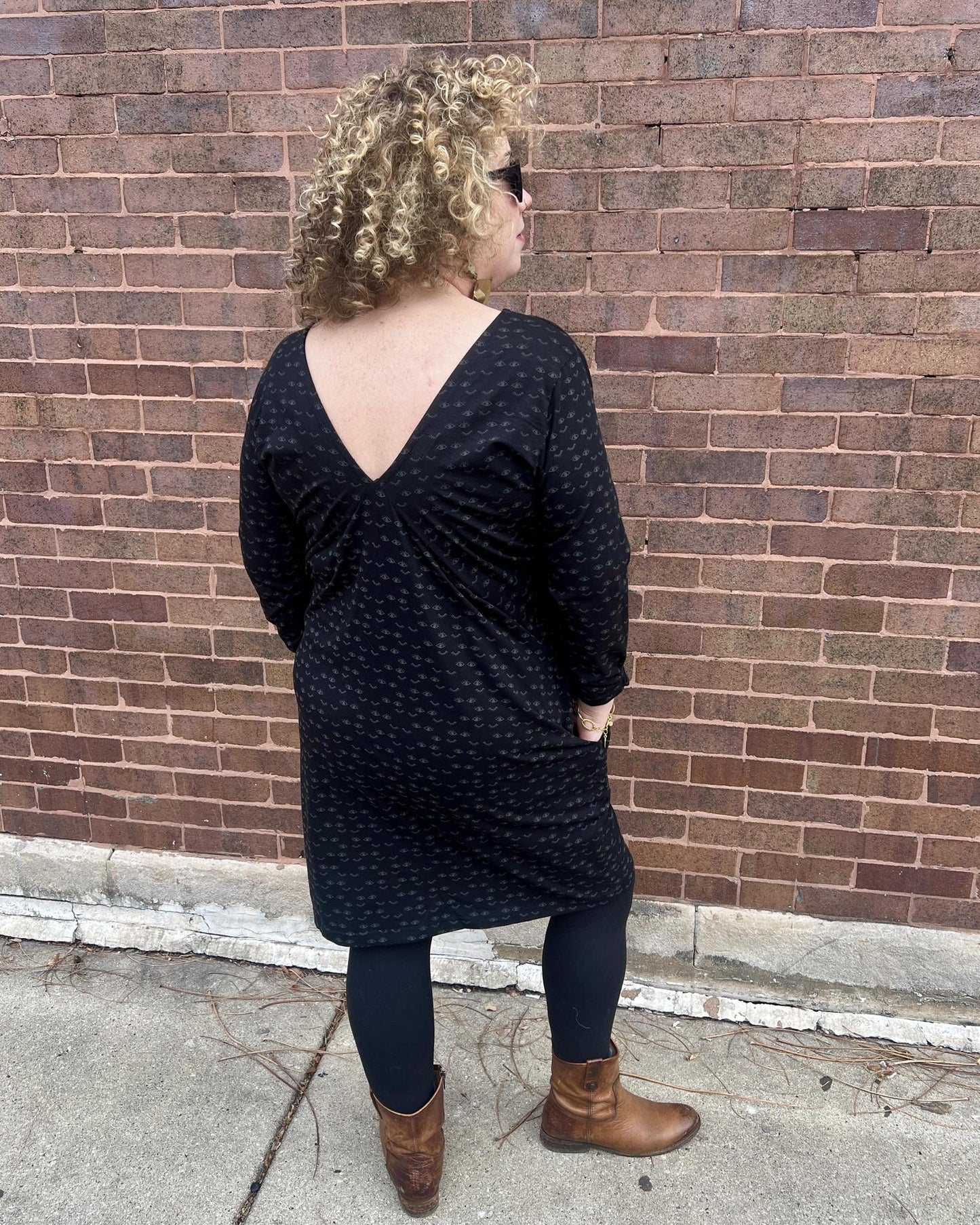 Squasht Drea Draped Dress in Dreamy Eyes Print with Avocado Vintage Trim