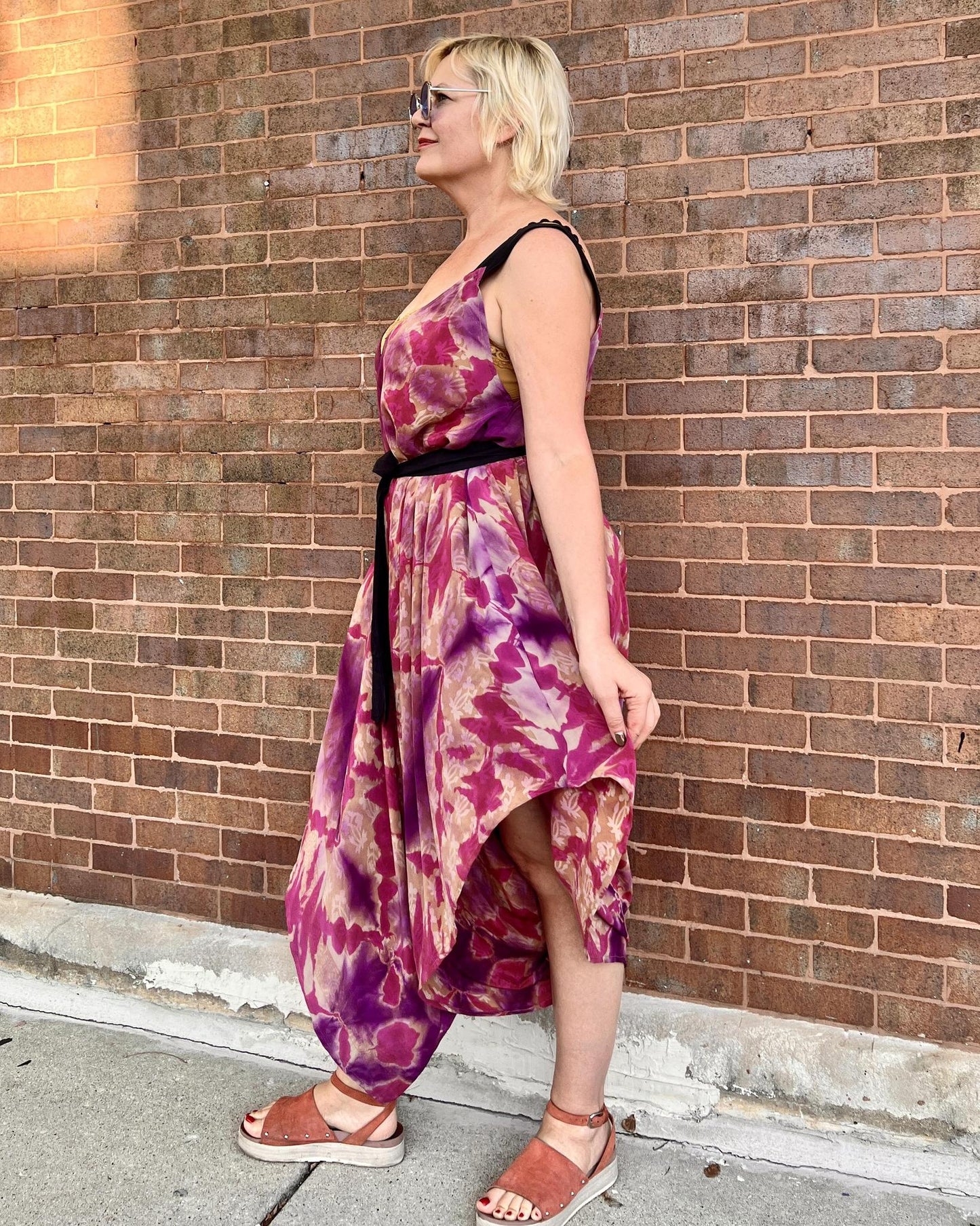 Indie Ella Zatanna Boho Silk Jumpsuit in Passion PInk Tie-Dye