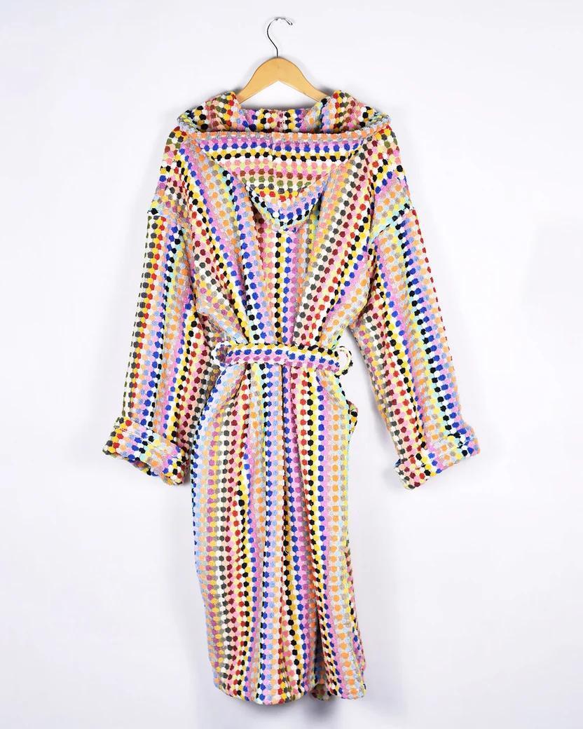Txtile Turkish Cotton Plush Hooded Terry Cloth Robe - Rainbow Checkers