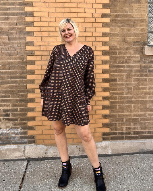 Squasht Winifred Shift Dress with Long Sleeves in Square Dots Print